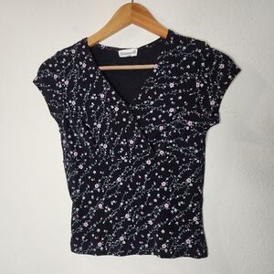 Vintage Diamonds Womens Large Black Floral V-neck Wrap Crop Top
